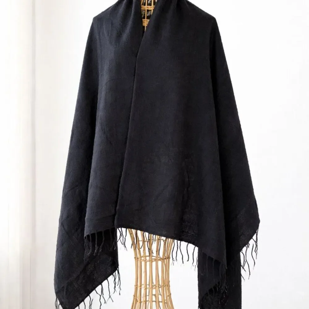 Handmade Oversized Black Wool Wrap | Artisan Made in Nepal | 86” x 28”